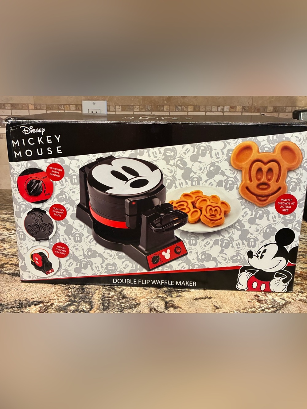 Disney Mickey Mouse Double Flip Waffle Maker MIC-62 6 Waffles Red Black NIB